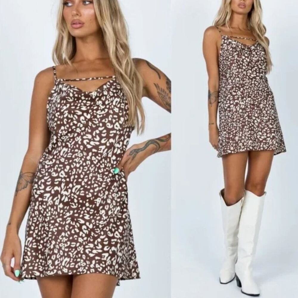 NWT Princess Polly Mini Dress Brown Leopard Satin Slip Western Strappy Y2K 4